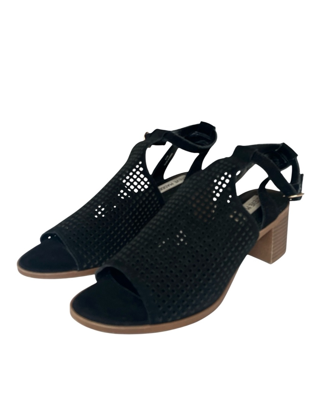 Suede Perforated Block Heel Sandals Shoes Size 8.5 Black